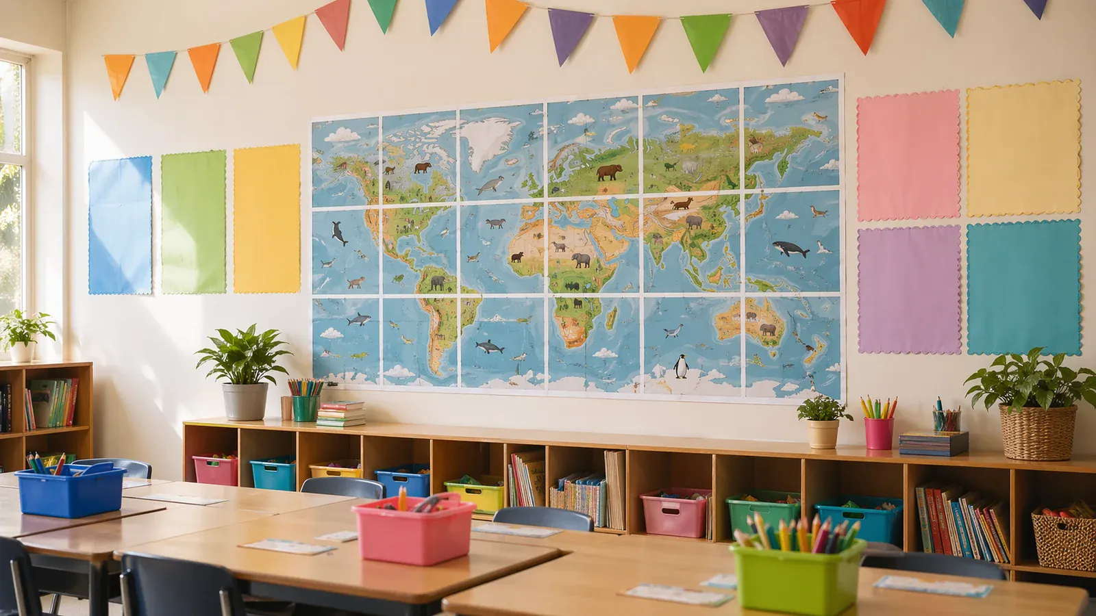 Colorful classroom with posters and learning charts on the walls