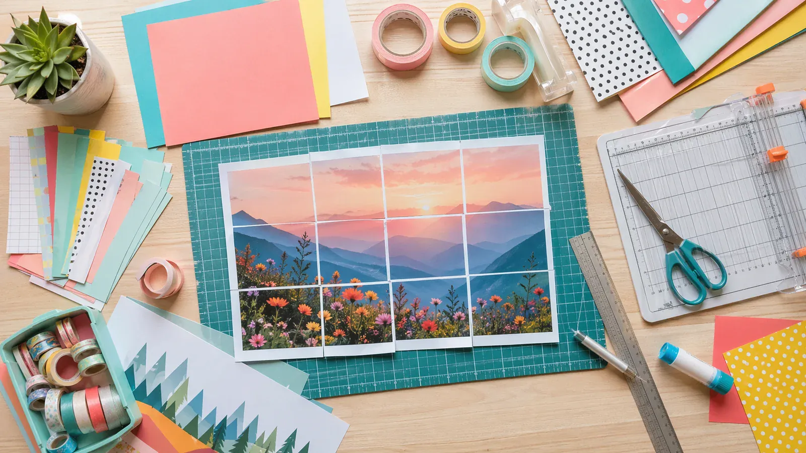 Colorful craft supplies and materials arranged on a work surface