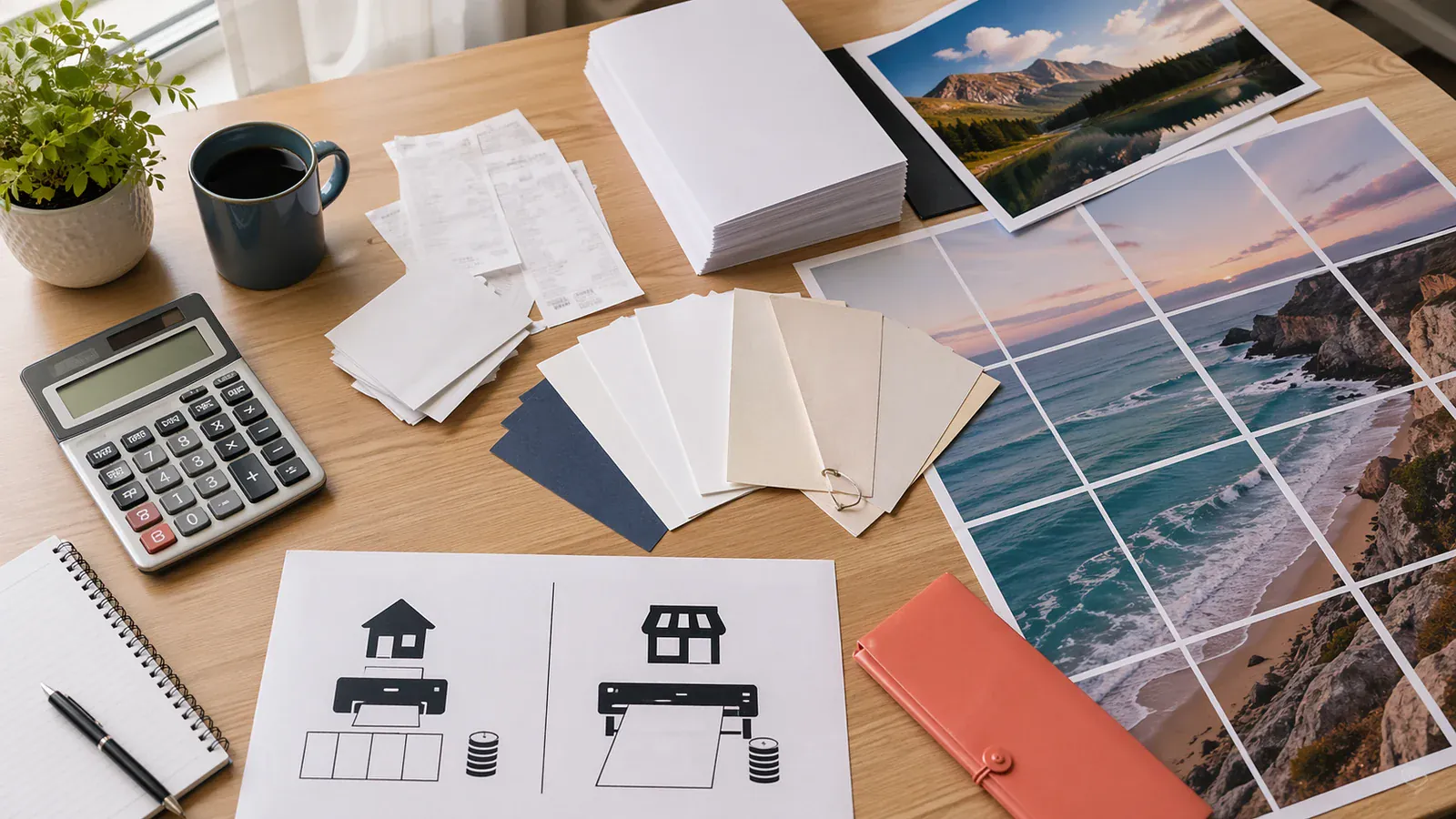 Calculator and receipts on a desk — comparing printing costs
