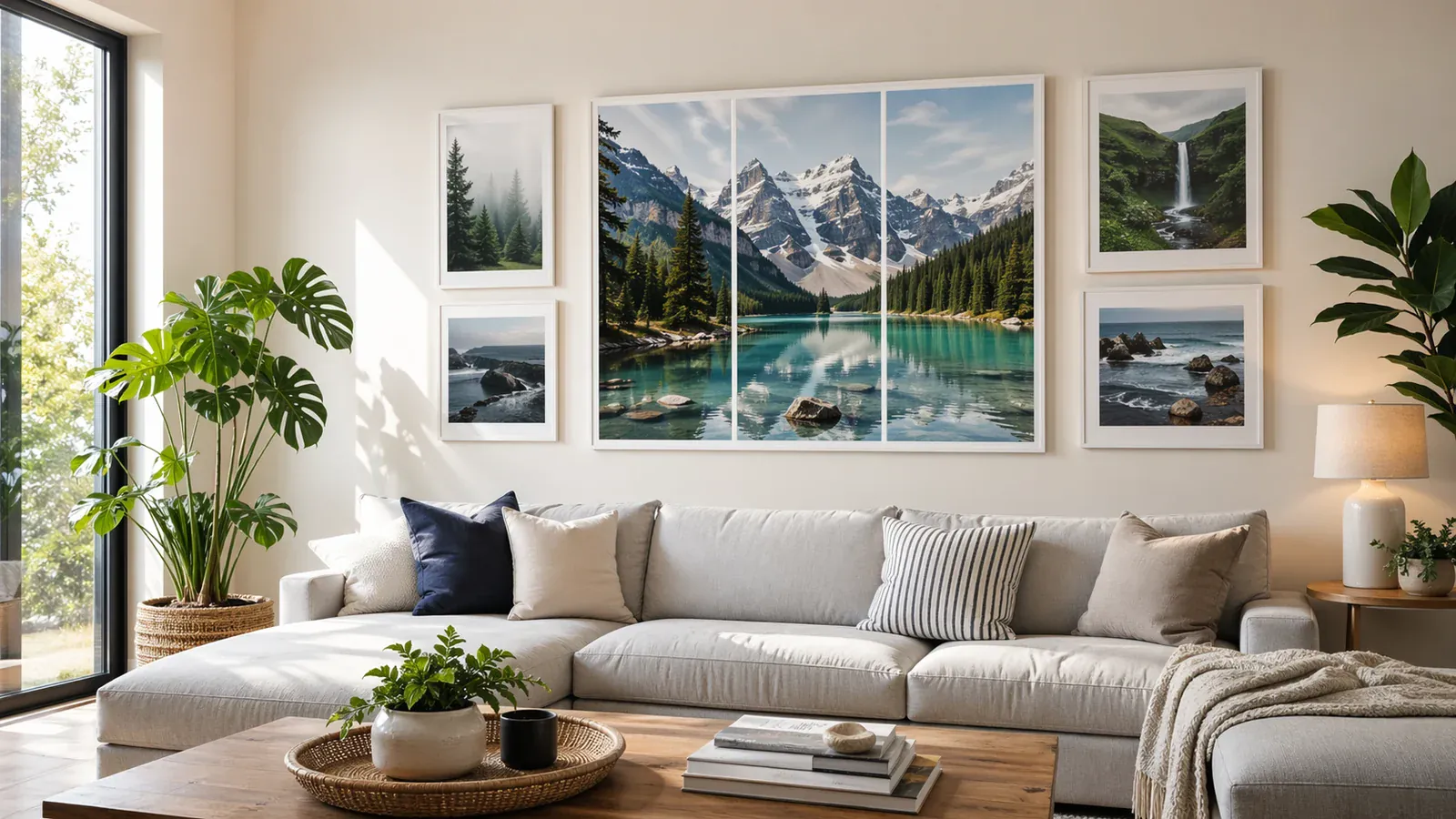 Gallery wall of framed posters in a modern living room