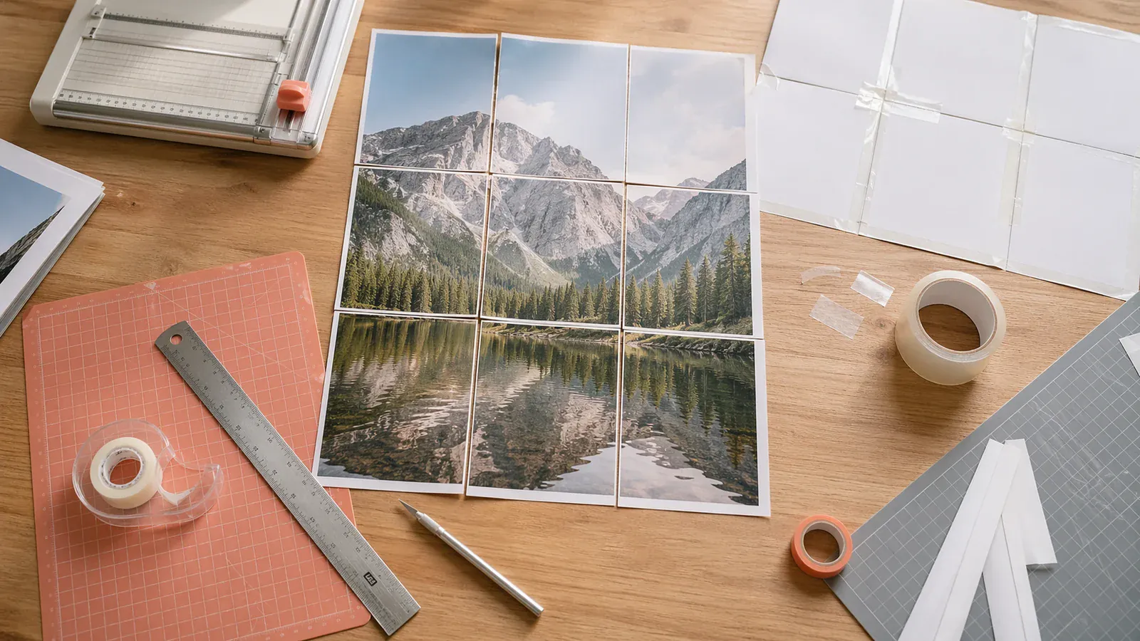 Workspace with craft supplies, ruler and paper for assembling a poster