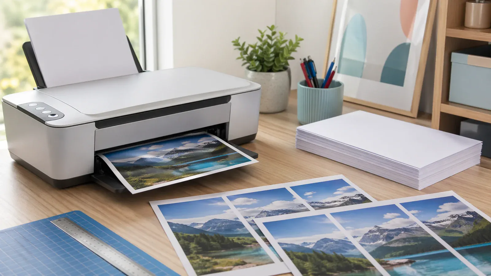 Modern home printer on a desk with sheets of paper ready to print